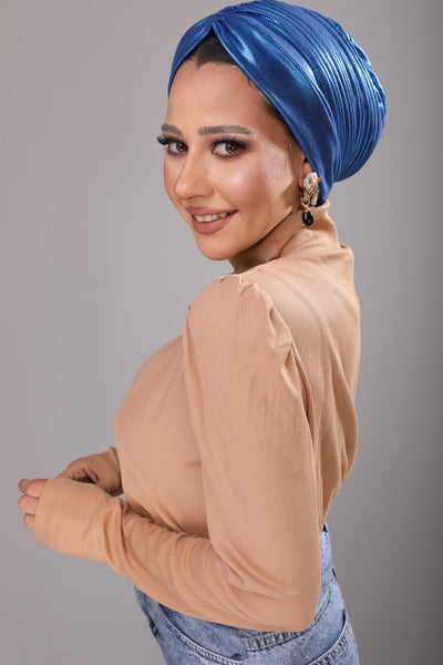 Metallic Blue Self Drapped Turban