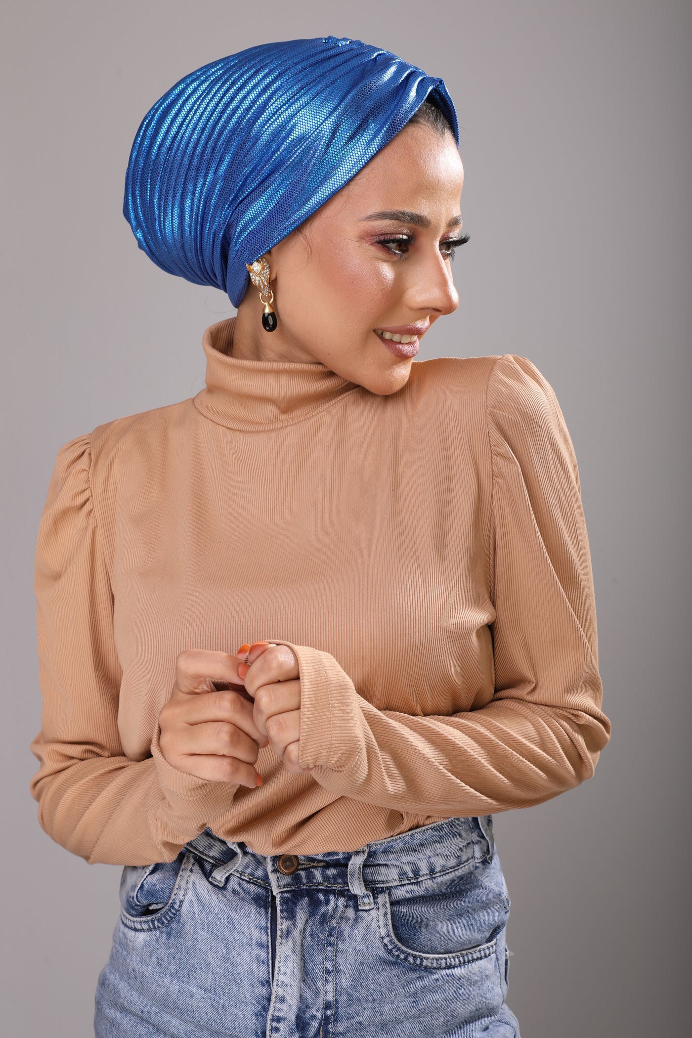 Metallic Blue Self Drapped Turban